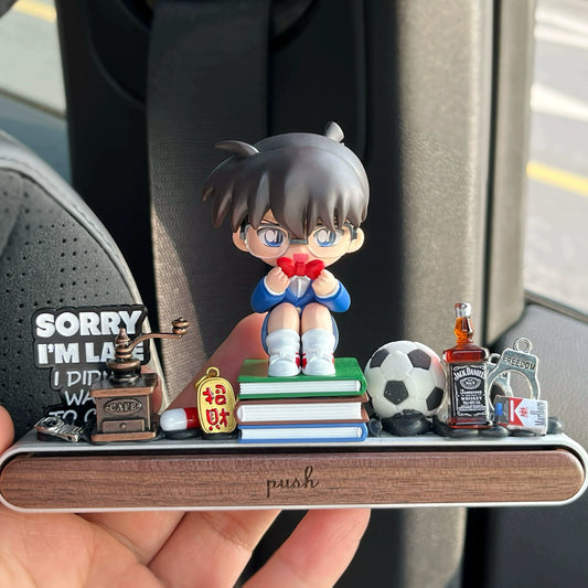 Anime detective dashboard ornament with hidden magnetic parking plate and gift box – Blue, Grey, and White outfits