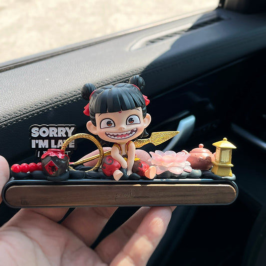 nezha inspired cute dashboard figure with gold spear and hidden parking plate