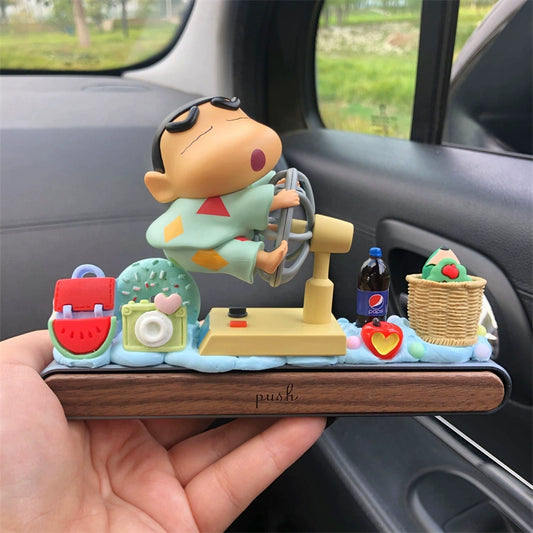 Handmade Lazy Summer Shin figure on dashboard with fan and temporary parking number base

