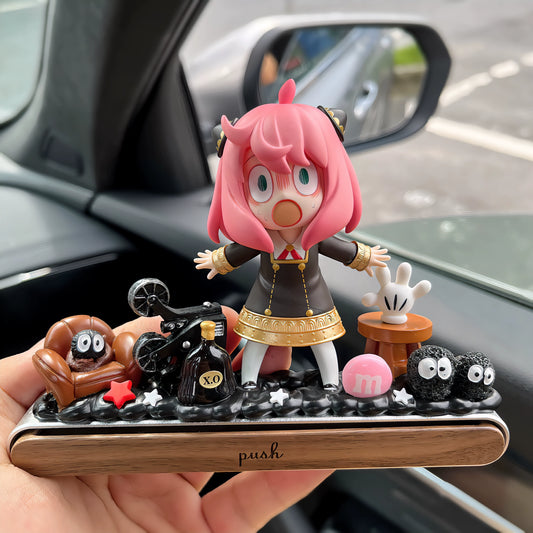 anya inspired anime dashboard doll with pink hair plushie and hidden parking plate