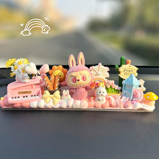 Lavubu™ Bunny Island Dashboard Ornament – cute car console decoration set with tropical plants, frog, and handmade bunny figure